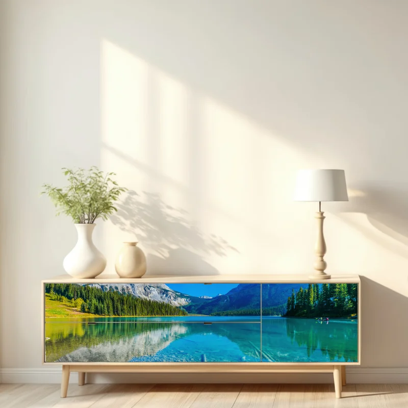 Repositionierbarer Aufkleber türkises alpensee mit bergreflexionen