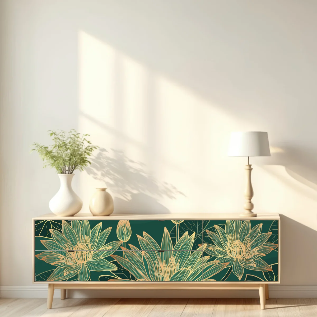 Repositionierbarer Aufkleber goldene lotosblüten auf grünem hintergrund Repositionierbarer Aufkleber goldene lotosblüten auf grünem hintergrund