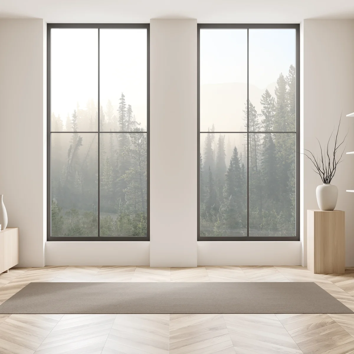 Fensteraufkleber nebliger kiefernwald bei sonnenaufgang Fensteraufkleber nebliger kiefernwald bei sonnenaufgang