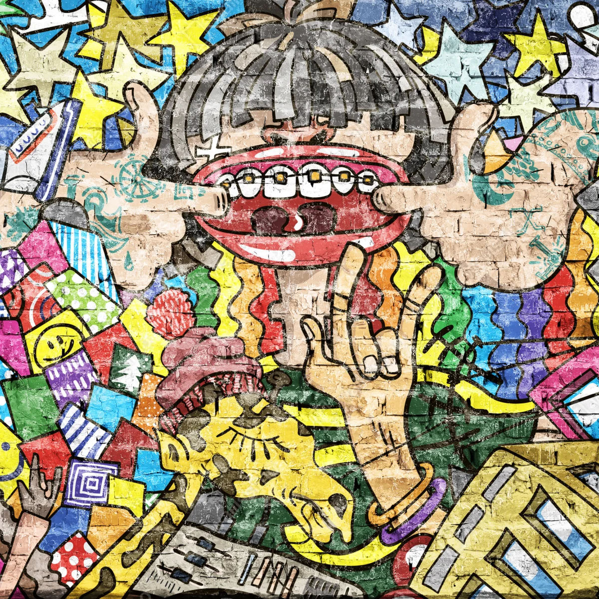 Fototapeta kolorowy mural graffiti z zabawną postacią Fototapeta kolorowy mural graffiti z zabawną postacią