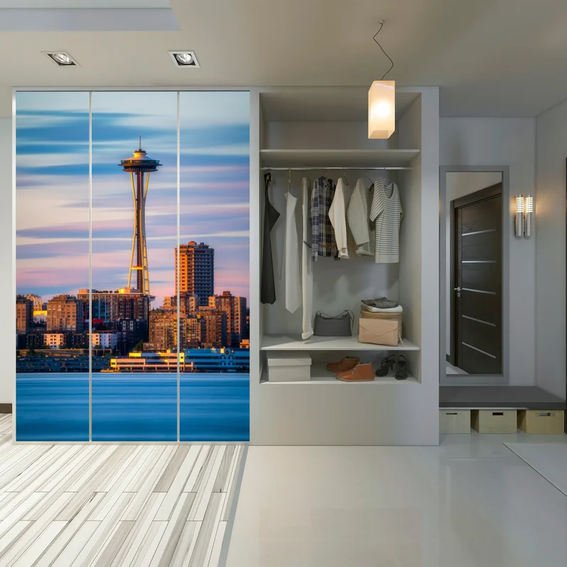 Schrankaufkleber Seattle skyline mit dem Space Needle bei Sonnenuntergang