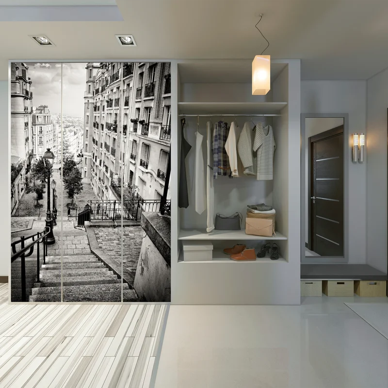 Schrankaufkleber städtische treppe in schwarzweiß