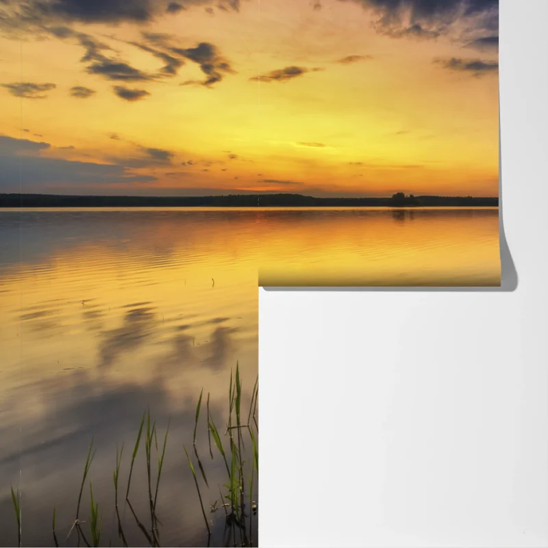 Fototapete goldener sonnenuntergang am see mit steg Fototapete goldener sonnenuntergang am see mit steg