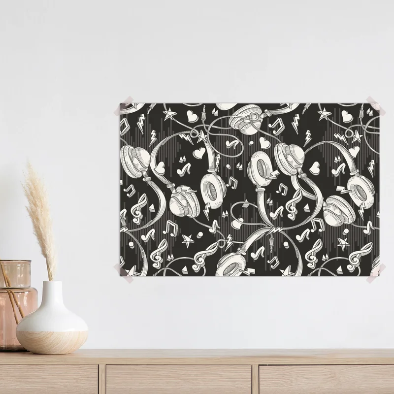 Poster monochromatisches muster mit kopfhörern und noten Poster monochromatisches muster mit kopfhörern und noten