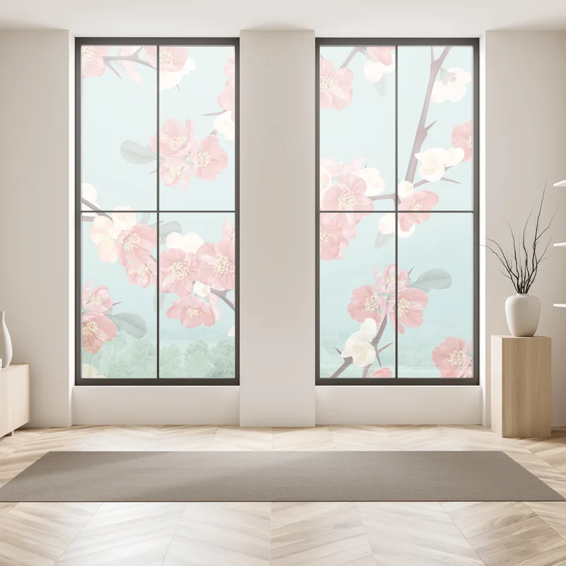 Fensteraufkleber pastelliges kirschblütenmuster auf mintfarbenem hintergrund