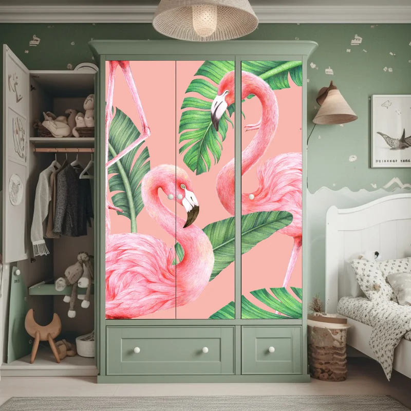 Schrankaufkleber rosa flamingo muster mit tropischen blättern
