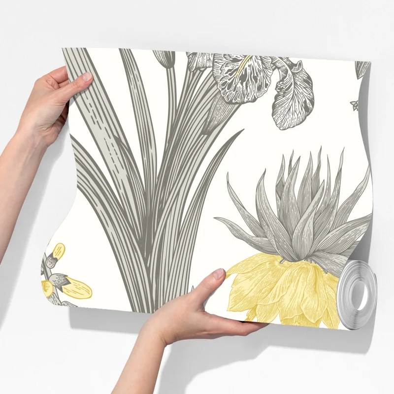 Fototapete vintage botanisches blumenmuster in gelb und grau Fototapete vintage botanisches blumenmuster in gelb und grau