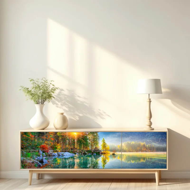 Repositionierbarer Aufkleber Hintersee herbstlicher sonnenaufgang über dem türkisfarbenen see