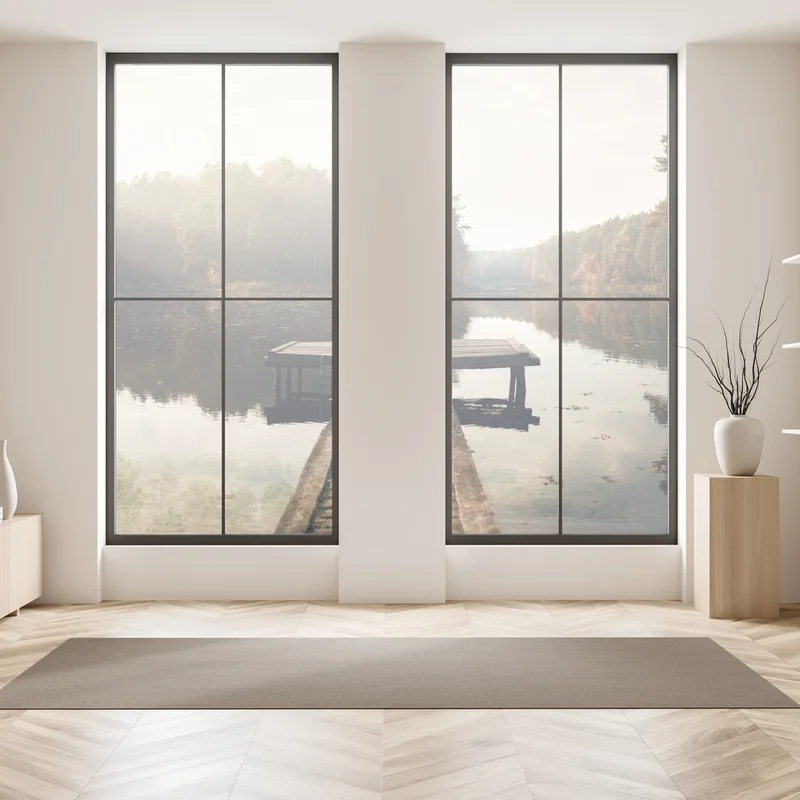 Naklejka na okno jesienne przedpołudnie nad jeziorem z pomostem