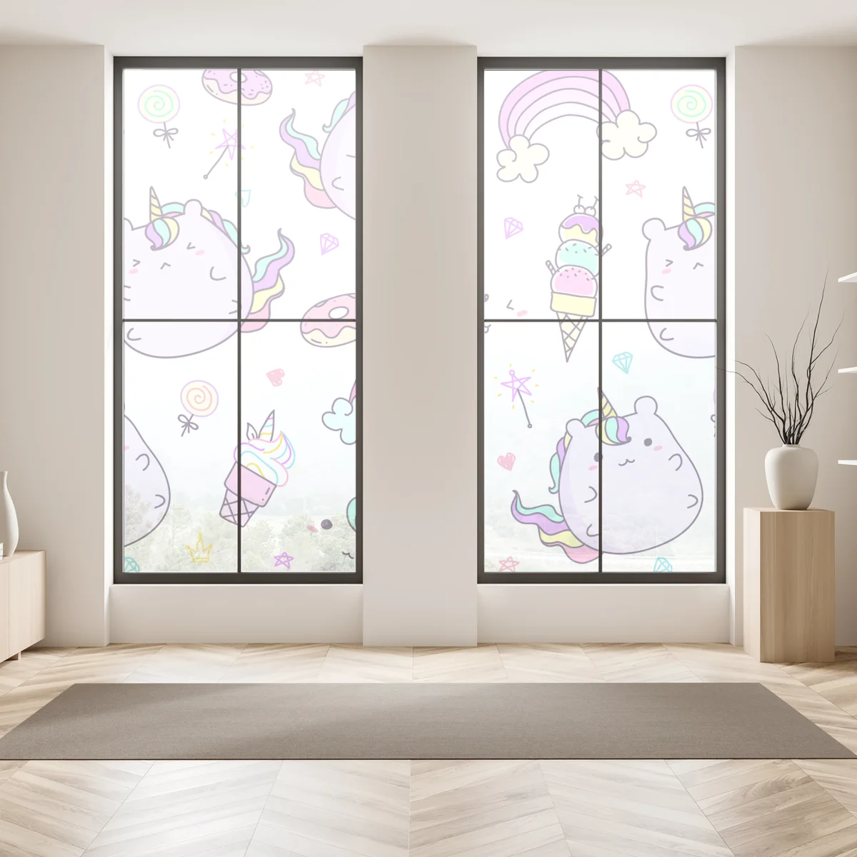 Fensteraufkleber verspieltes pastell-einhorn-katzenmuster Fensteraufkleber verspieltes pastell-einhorn-katzenmuster