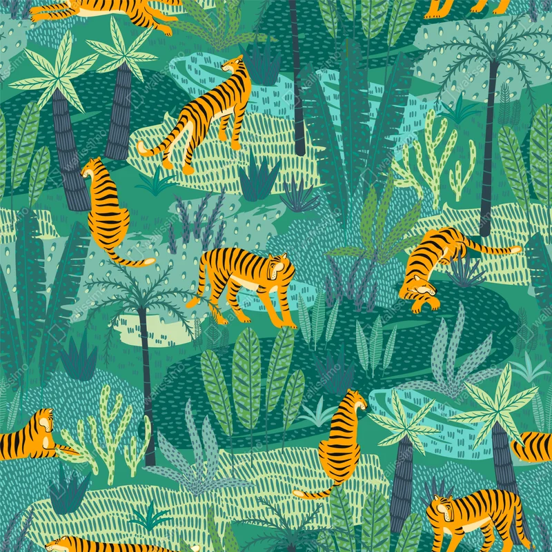 Repositionierbarer Aufkleber tropischer dschungel mit tigern Repositionierbarer Aufkleber tropischer dschungel mit tigern