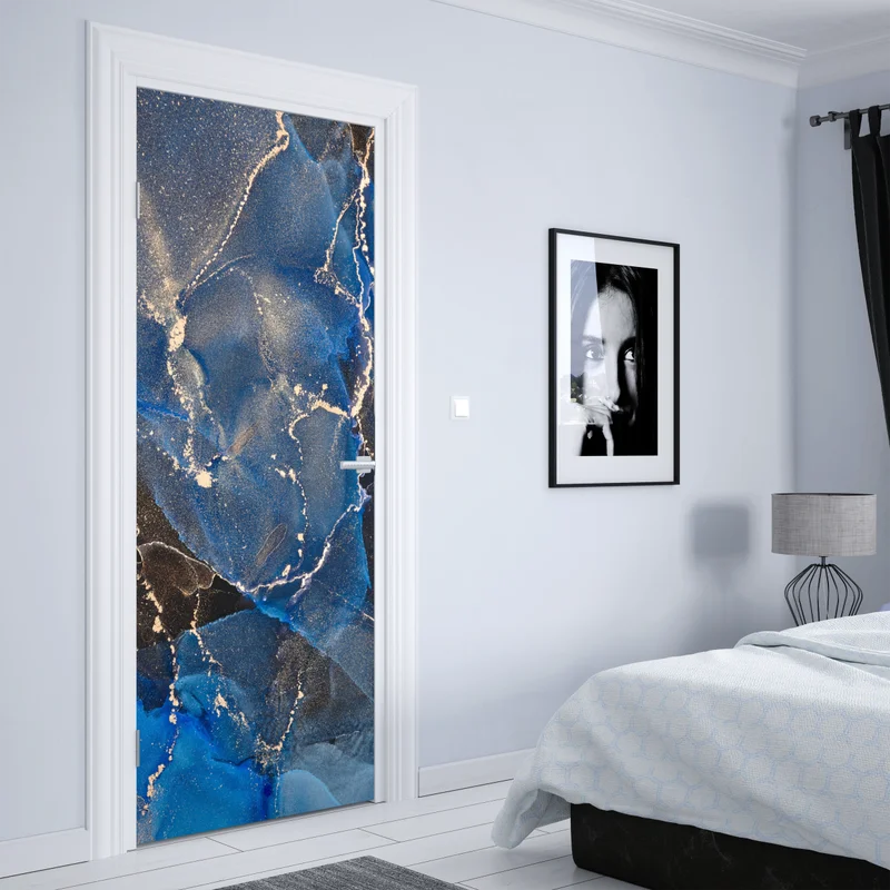 Türaufkleber luxuriöse blaue und goldene abstrakte wellen