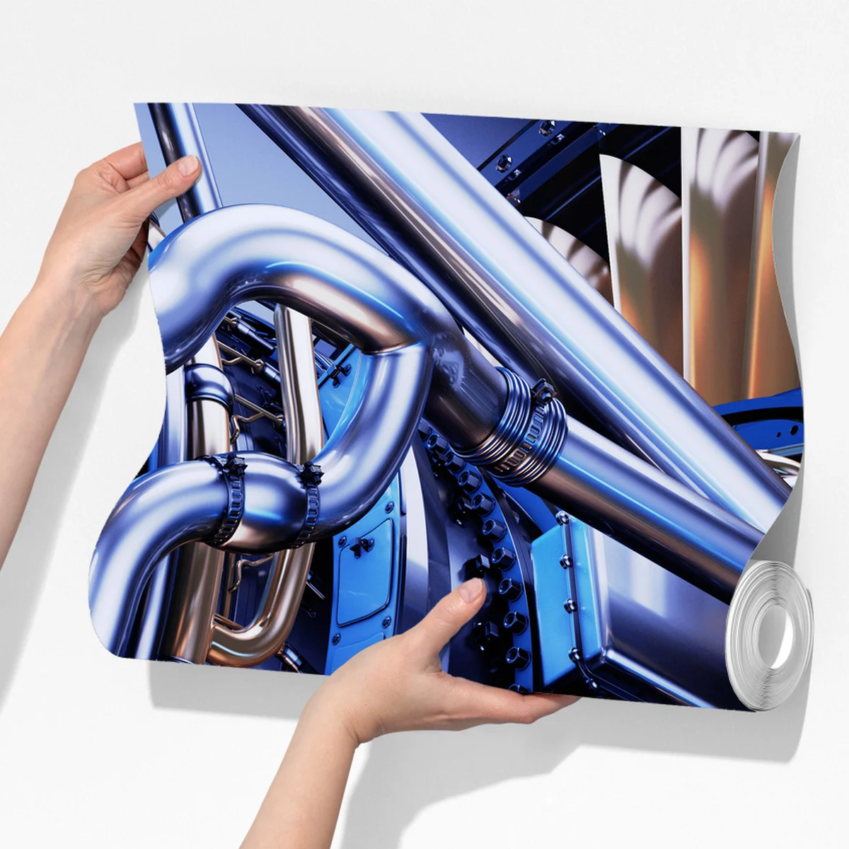 Fototapete nahaufnahme einer turbinenanlage in blau und orange Fototapete nahaufnahme einer turbinenanlage in blau und orange