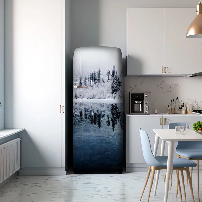 Kühlschrankaufkleber winterlicher see mit spiegelung im verschneiten wald Kühlschrankaufkleber winterlicher see mit spiegelung im verschneiten wald