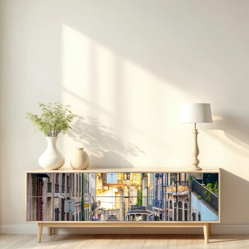 Repositionierbarer Aufkleber sonnige straßenbahnen in Lissabon