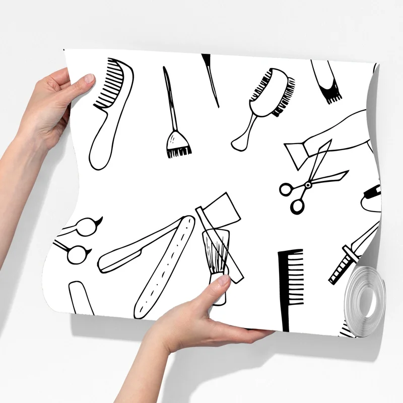 Fototapete handgezeichnetes muster von friseurwerkzeugen Fototapete handgezeichnetes muster von friseurwerkzeugen