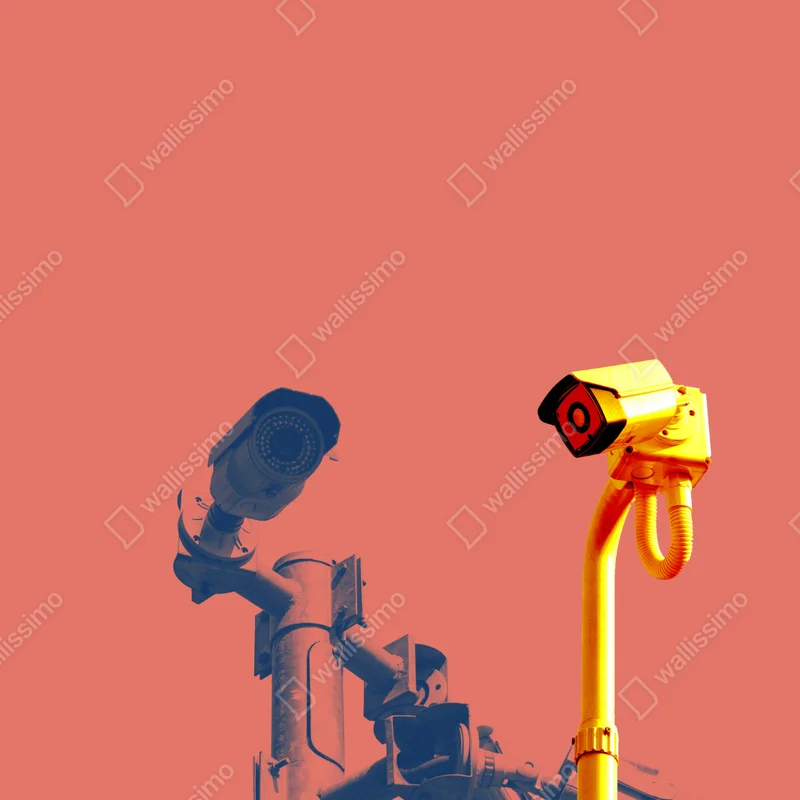 Poster duotone überwachungskameras auf korallenfarbenem hintergrund Poster duotone überwachungskameras auf korallenfarbenem hintergrund