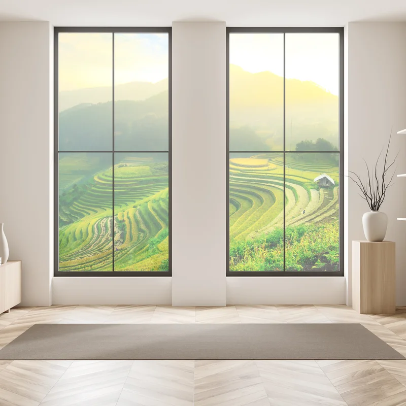 Fensteraufkleber goldene reisterrassen im morgenlicht Fensteraufkleber goldene reisterrassen im morgenlicht