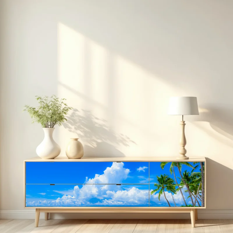 Repositionierbarer Aufkleber tropischer palmenstrand unter blauem himmel