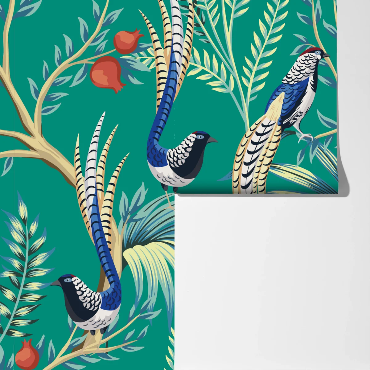 Fototapete exotisches vogelmuster mit granatäpfeln Fototapete exotisches vogelmuster mit granatäpfeln