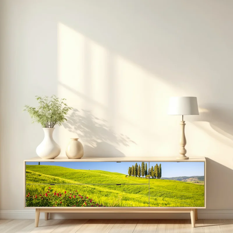 Repositionierbarer Aufkleber sonnige grüne hügel mit zypressen Repositionierbarer Aufkleber sonnige grüne hügel mit zypressen