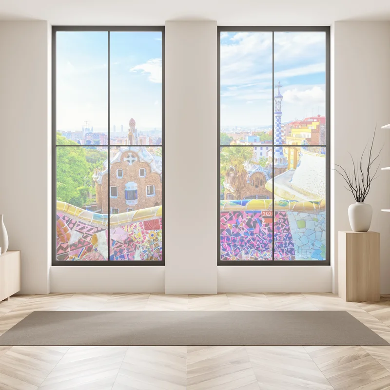 Fensteraufkleber lebendiges Barcelona Park Güell mosaik panorama