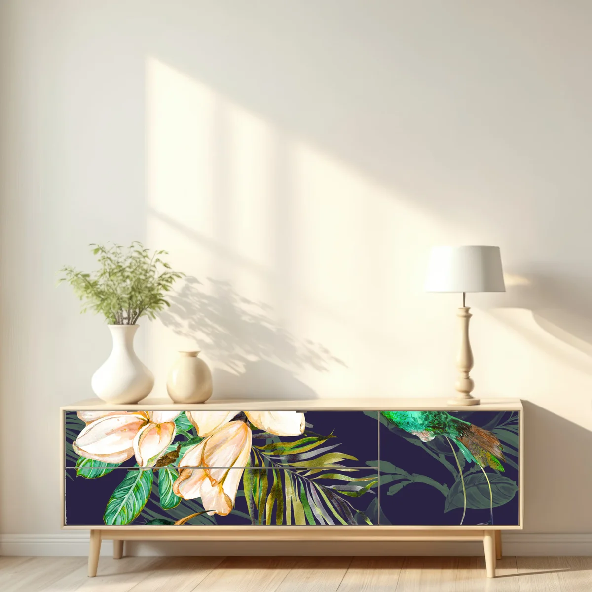 Repositionierbarer Aufkleber tropische kolibris und plumeria in aquarell • Repositionierbare Aufkleber bei Wallnifity® Repositionierbarer Aufkleber tropische kolibris und plumeria in aquarell • Repositionierbare Aufkleber bei Wallnifity®