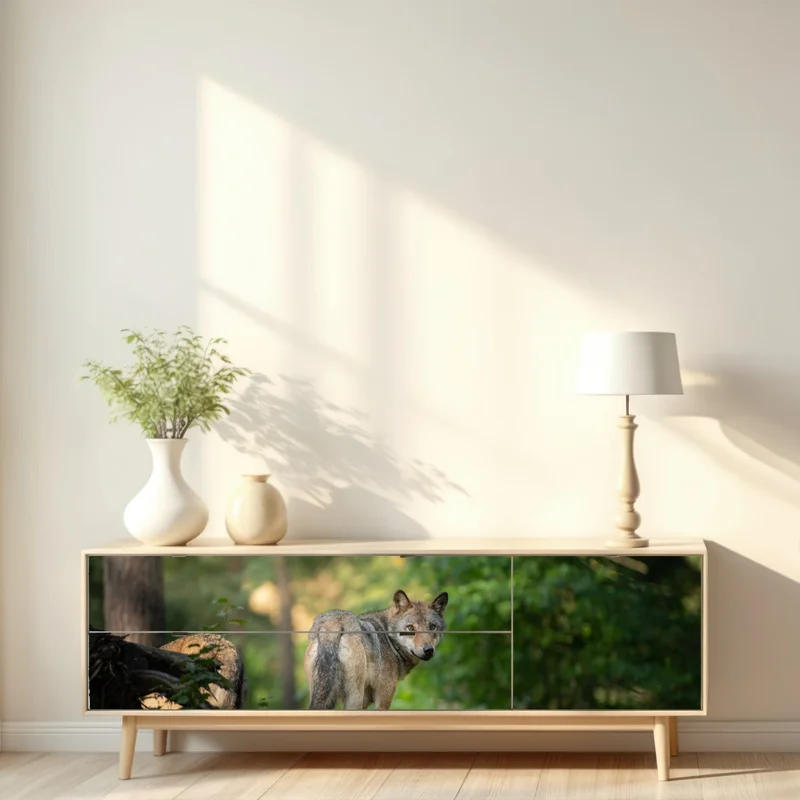 Repositionierbarer Aufkleber wolf auf der lichtung im wald