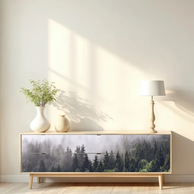 Repositionierbarer Aufkleber nebelverhangener nadelwald am berghang Repositionierbarer Aufkleber nebelverhangener nadelwald am berghang