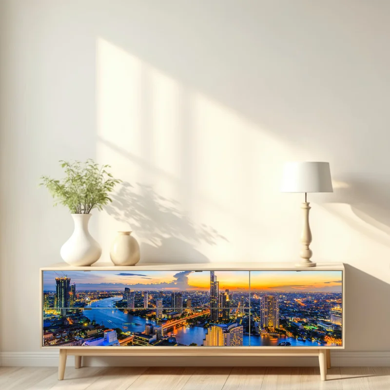 Repositionierbarer Aufkleber lebendige stadtskyline bei dämmerung