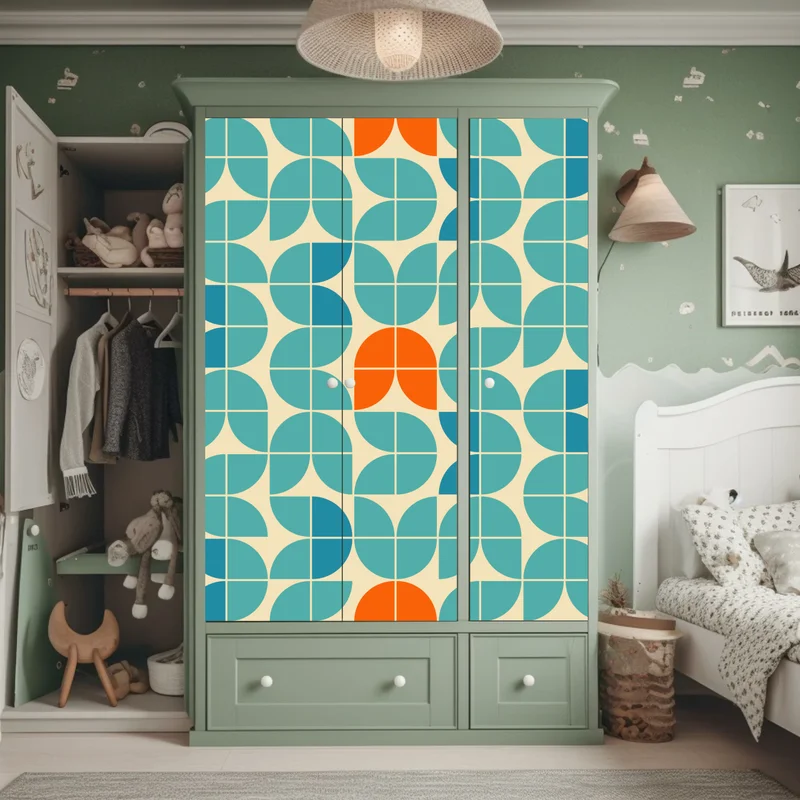 Schrankaufkleber retro geometrisches fliesenmuster in türkis und orange
