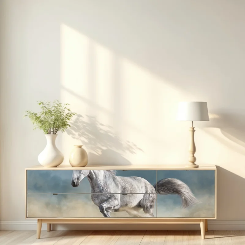 Repositionierbarer Aufkleber majestätisches graues pferd galoppiert durch den sand