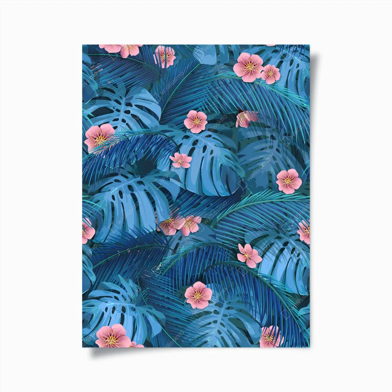 Poster türkisfarbene tropische monstera-blätter mit rosa blüten • Poster bei Wallnifity® Poster türkisfarbene tropische monstera-blätter mit rosa blüten • Poster bei Wallnifity®