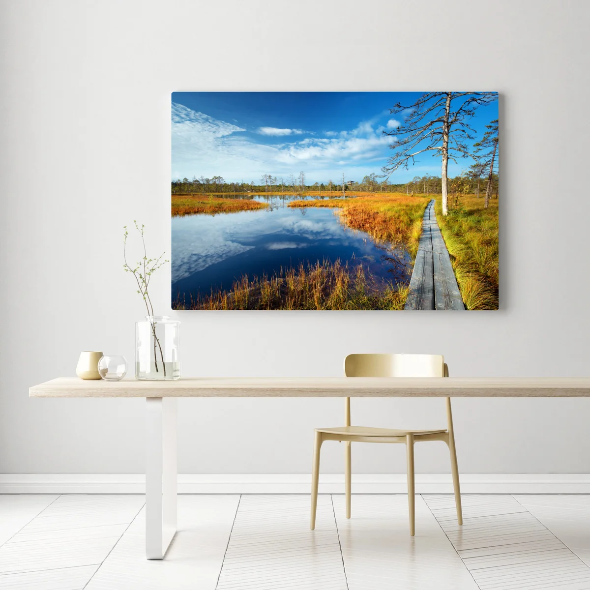 Leinwandbild herbststeg über ruhigem moor Leinwandbild herbststeg über ruhigem moor