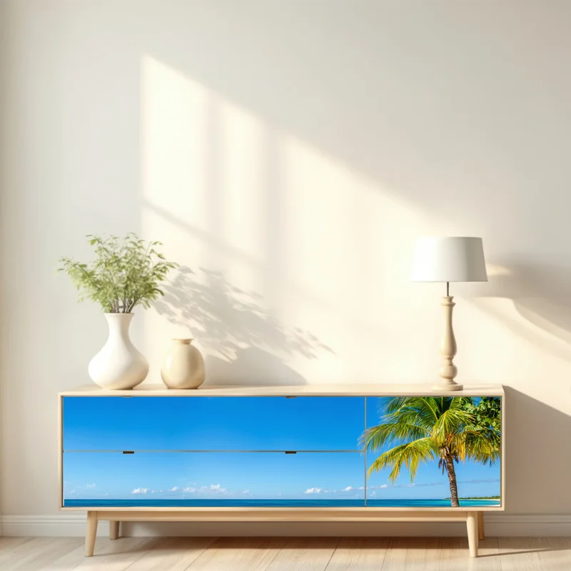 Repositionierbarer Aufkleber tropischer strand mit türkiswasser und palme Repositionierbarer Aufkleber tropischer strand mit türkiswasser und palme