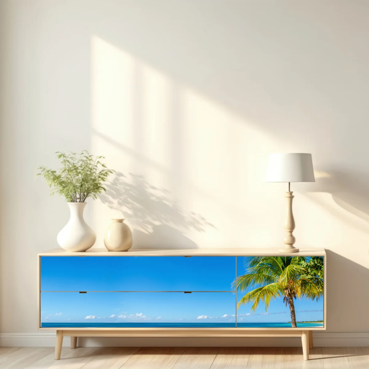 Repositionierbarer Aufkleber tropischer strand mit türkiswasser und palme Repositionierbarer Aufkleber tropischer strand mit türkiswasser und palme