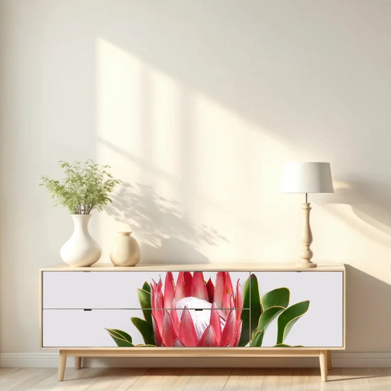 Repositionierbarer Aufkleber rosa protea auf neutralem hintergrund