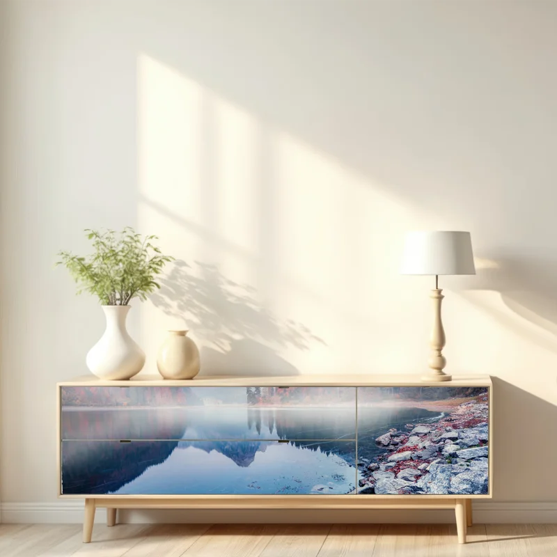 Repositionierbarer Aufkleber nebliger herbstmorgen am Obersee, Schweizer Alpen