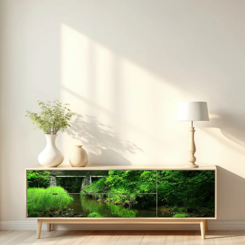 Repositionierbarer Aufkleber üppiger grüner waldbach mit steinbrücke