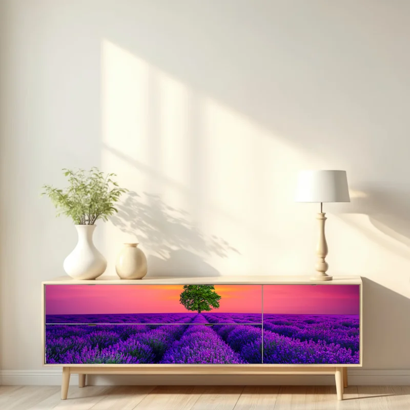 Repositionierbarer Aufkleber lavendelfeld bei sonnenuntergang mit einsamem baum