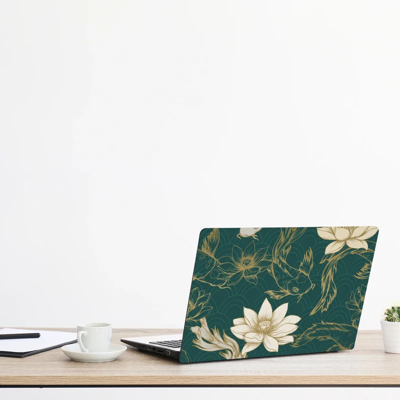 Laptop-Aufkleber orientalisches koi- und lotosmuster in türkis und gold Laptop-Aufkleber orientalisches koi- und lotosmuster in türkis und gold