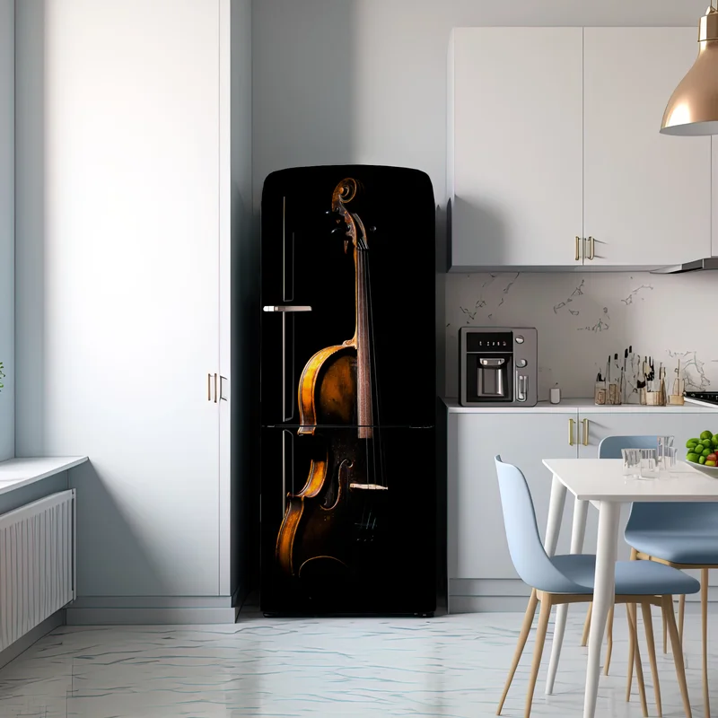 Kühlschrankaufkleber elegante vintage-geige vor schwarzem hintergrund