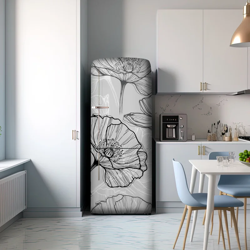Kühlschrankaufkleber zarter grauer mohn in linienzeichnung