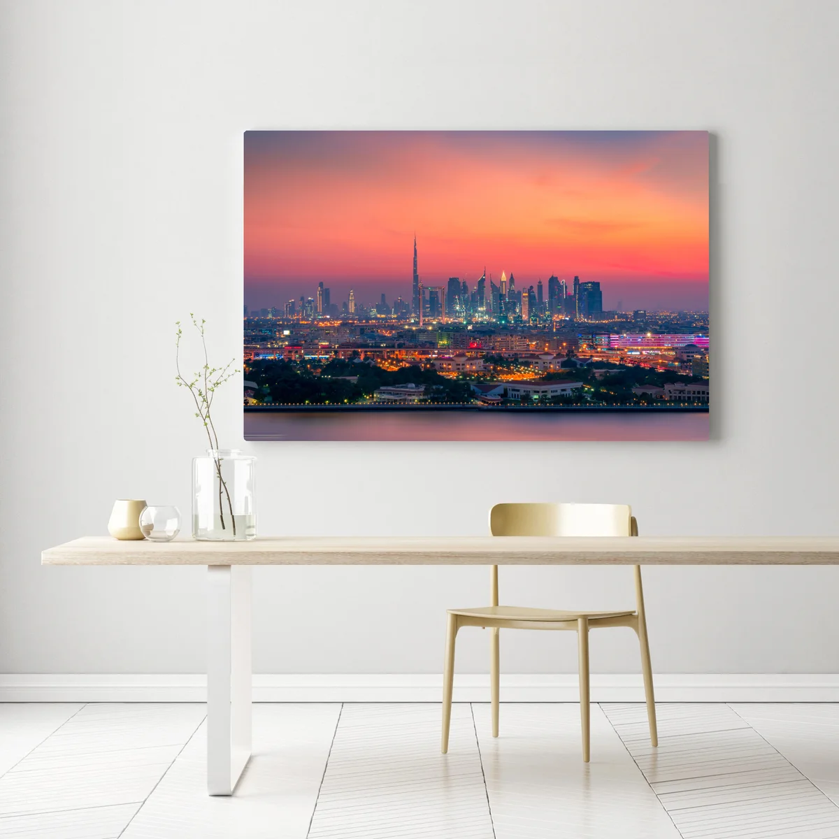 Leinwandbild Dubai skyline bei sonnenuntergang Leinwandbild Dubai skyline bei sonnenuntergang