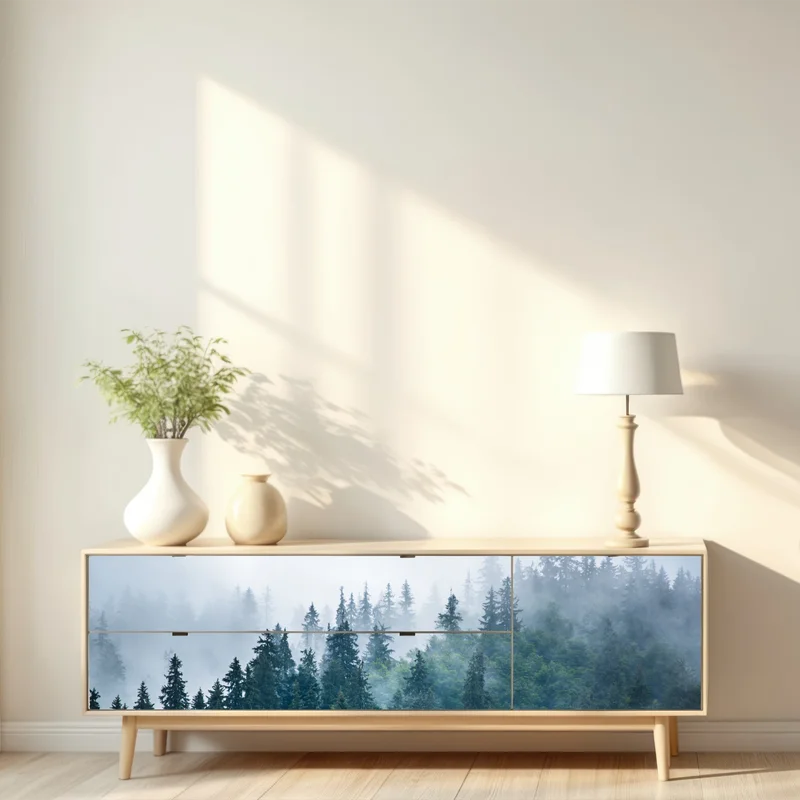 Repositionierbarer Aufkleber nebliger nadelwald