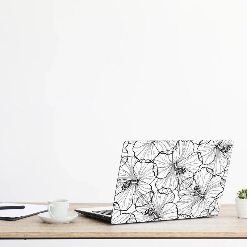 Naklejka na laptopa czarno-biały hibiskus w stylu line art