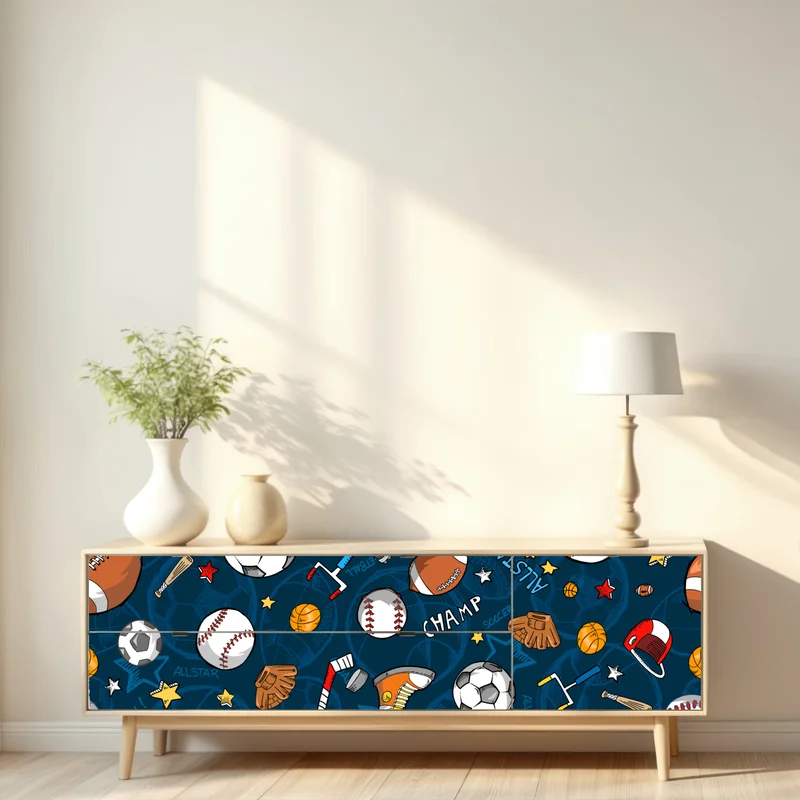 Repositionierbarer Aufkleber verspieltes sportmuster auf dunkelblauem hintergrund