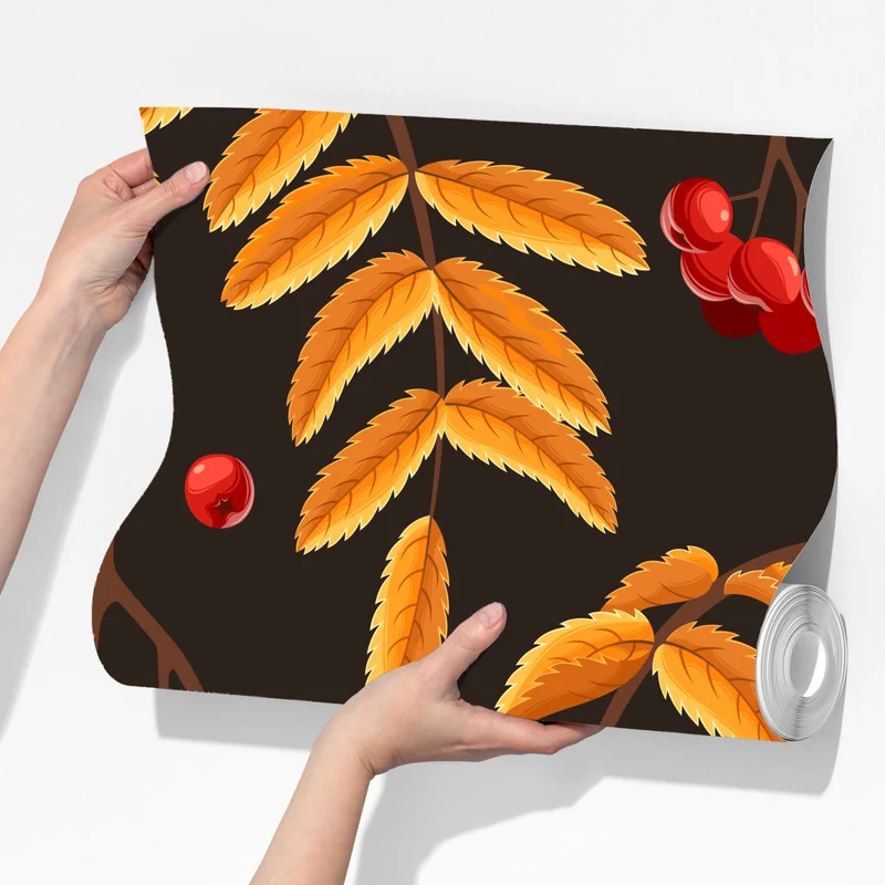 Fototapete herbstliches muster mit vogelbeeren und blättern Fototapete herbstliches muster mit vogelbeeren und blättern