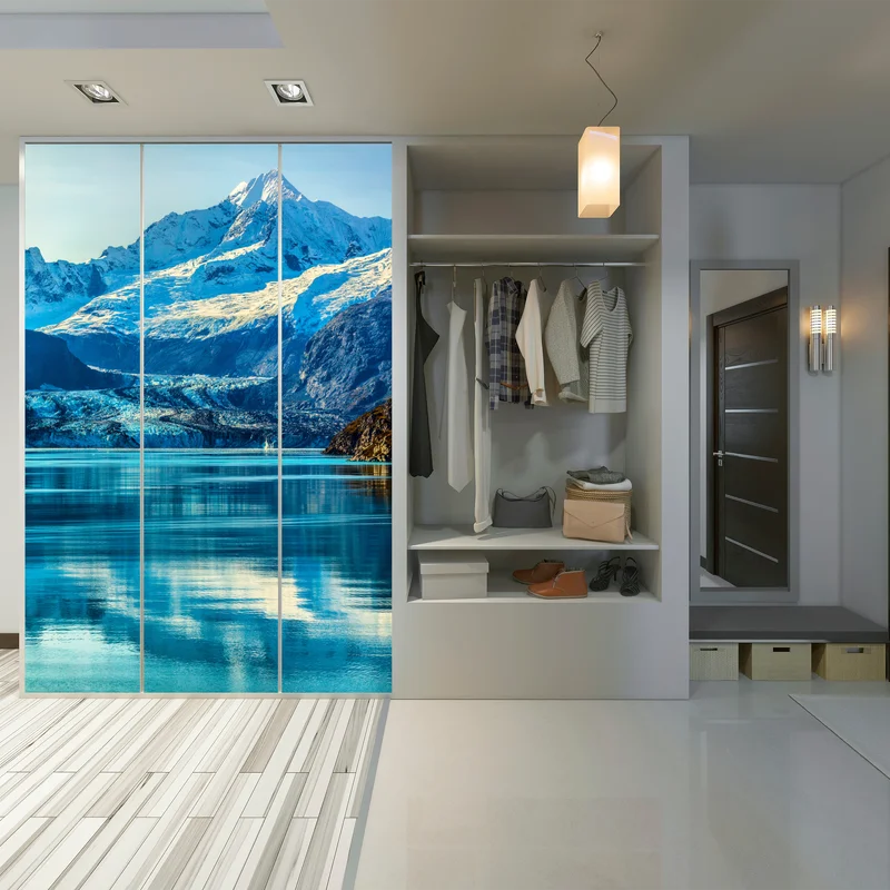 Schrankaufkleber majestätischer alpiner gletscher mit spiegelung