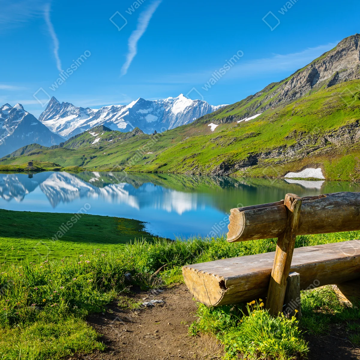 Fototapete alpensee mit hölzerner bank Fototapete alpensee mit hölzerner bank